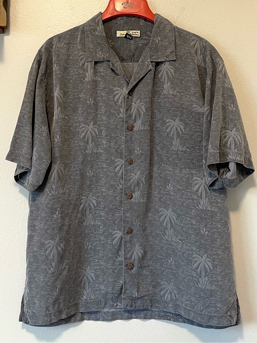 Y2K Tommy Bahama Silk Camp Shirt - Palm Tree Pattern & Silver Tones - Size Large